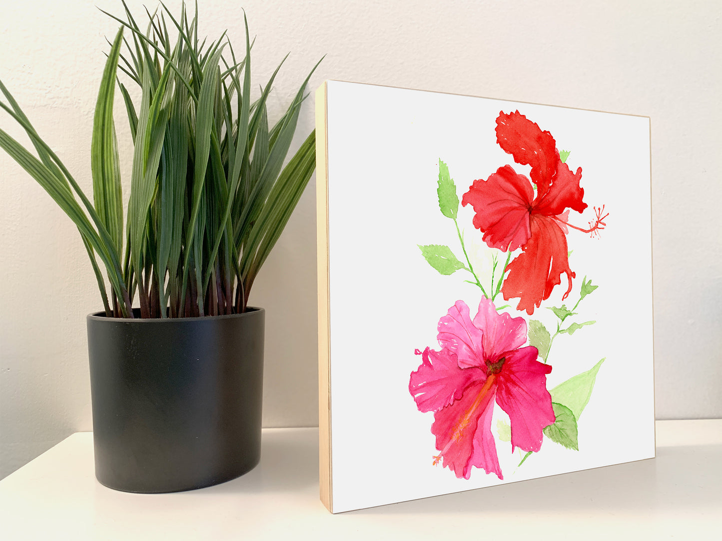 Hibiscus Tropical Flower Watercolor Print on Wood Block - Flamingo Shores - Original Art for Home Decor and Gifts