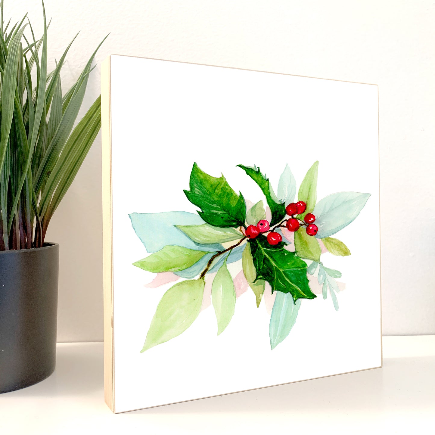CHRISTMAS - Holly Berries on Wood Block 5x5 or 8x8. Original Watercolor Painting - Flamingo Shores - Original Art for Home Decor and Gifts