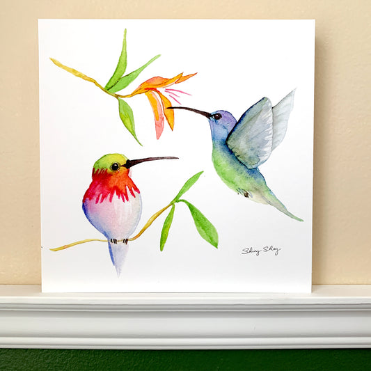 Hummingbirds - Watercolor on Wood Panel - Flamingo Shores - Original Art for Home Decor and Gifts