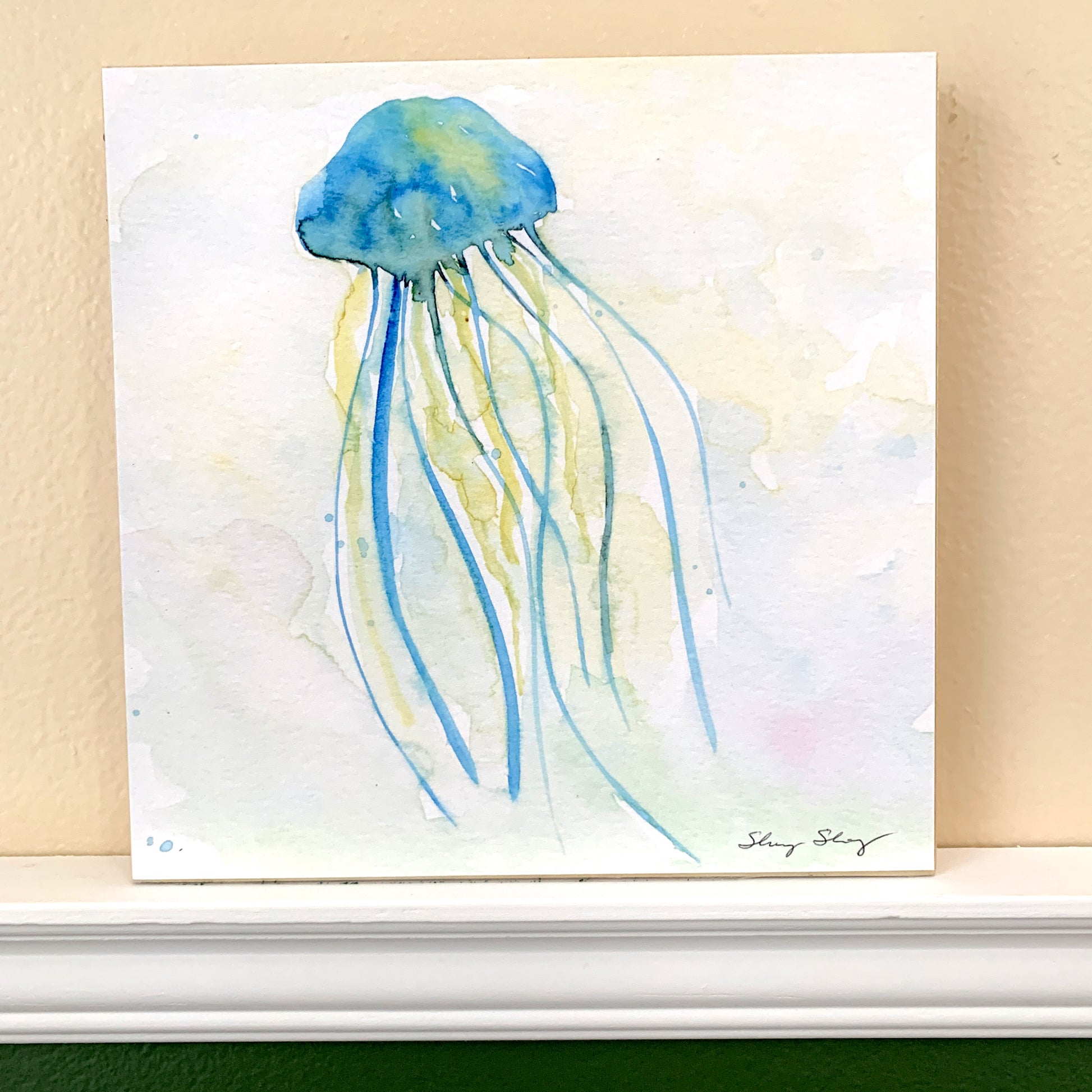 Jellyfish Watercolor Print on Wood Block - Flamingo Shores - Original Art for Home Decor and Gifts