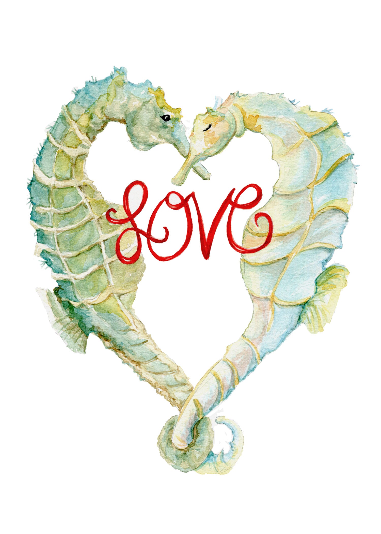 Love Seahorse Watercolor Print on Wood Block - Flamingo Shores - Original Art for Home Decor and Gifts