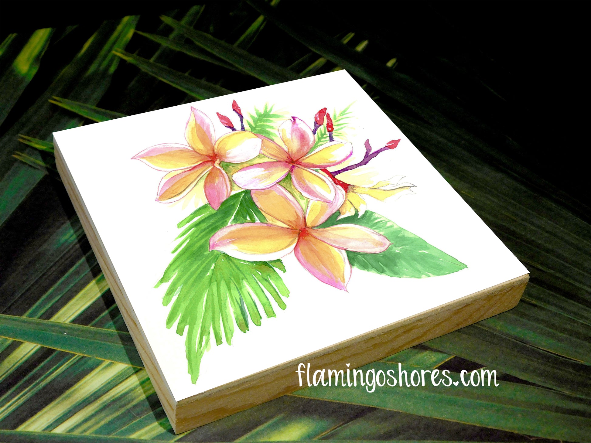 Plumeria Tropical Flower Watercolor Print on Wood Block - Flamingo Shores - Original Art for Home Decor and Gifts