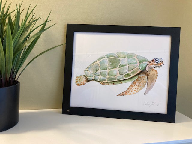 Green Turtle Watercolor Print Art - Flamingo Shores - Original Art for Home Decor and Gifts