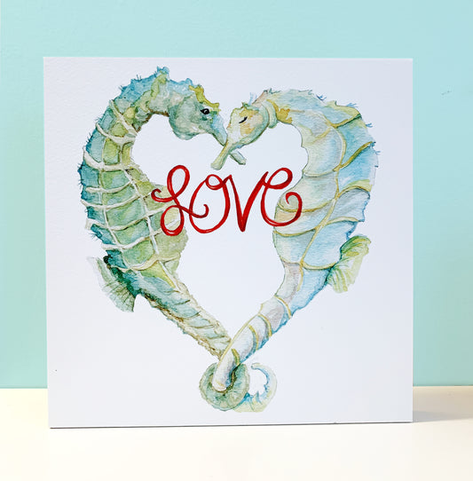 Love Seahorse Watercolor Print on Wood Block - Flamingo Shores - Original Art for Home Decor and Gifts