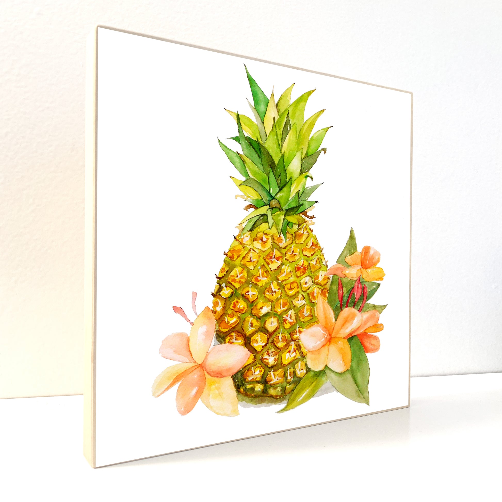 Pineapple Watercolor Painting on Wood Block - Flamingo Shores - Original Art for Home Decor and Gifts