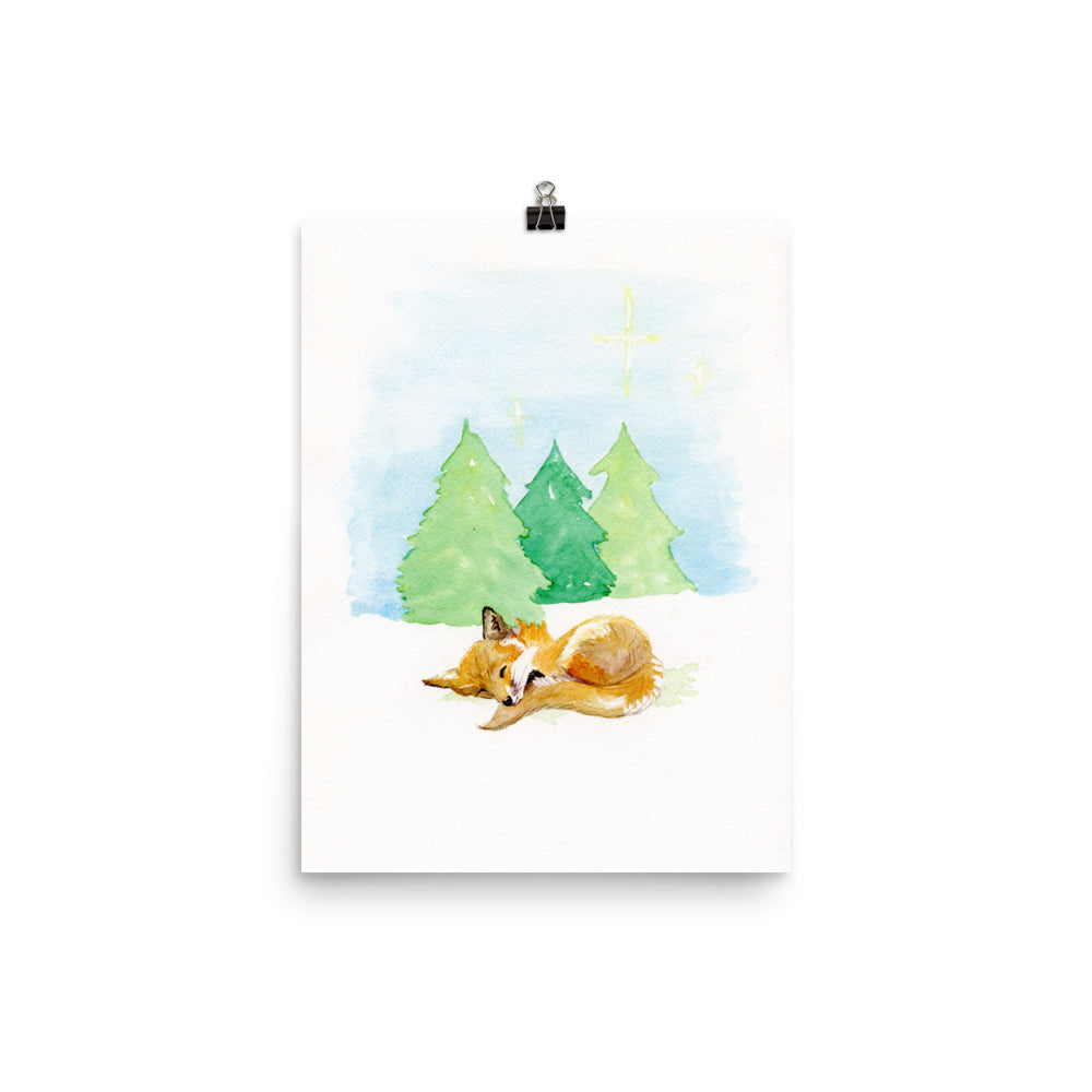Fox in Snowy Forest Wall Art Print for Christmas or Nursery - Flamingo Shores - Original Art for Home Decor and Gifts
