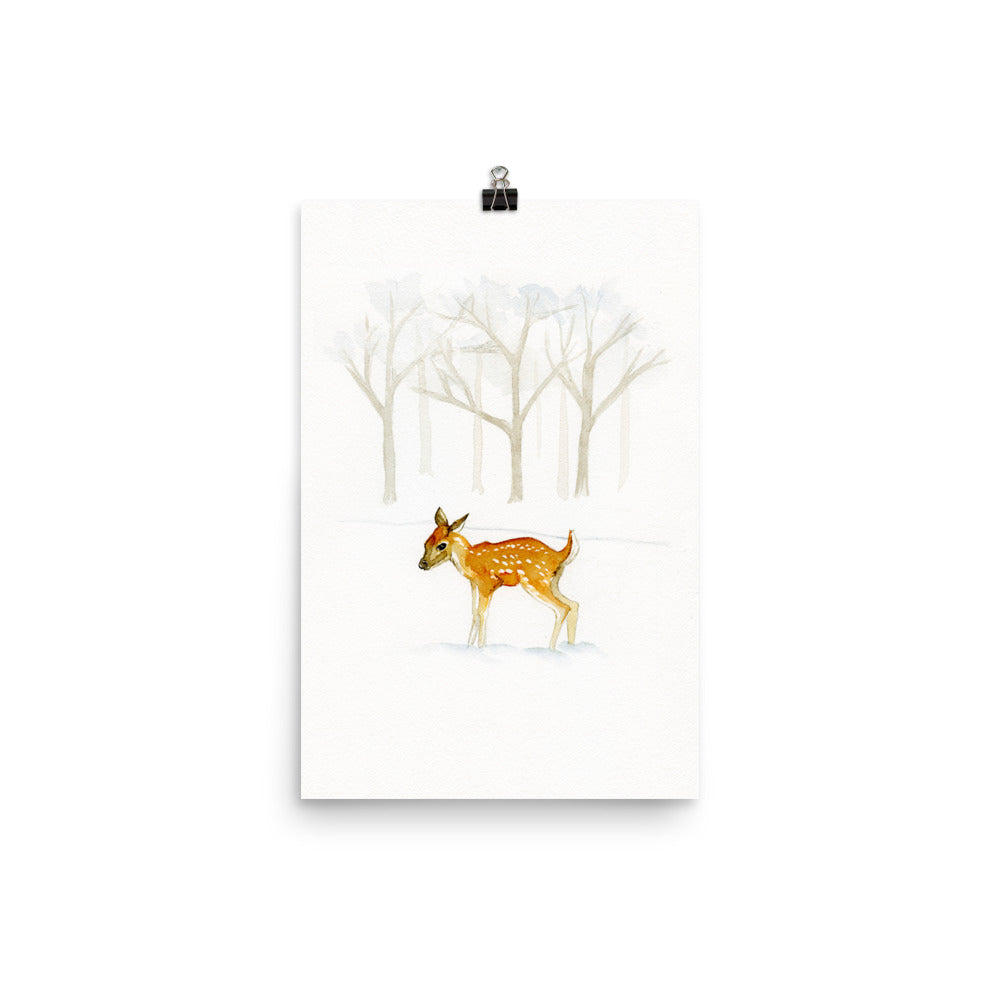 Deer in Snowy Woods Wall Art Print - Flamingo Shores - Original Art for Home Decor and Gifts
