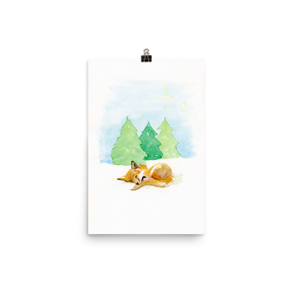 Fox in Snowy Forest Wall Art Print for Christmas or Nursery - Flamingo Shores - Original Art for Home Decor and Gifts