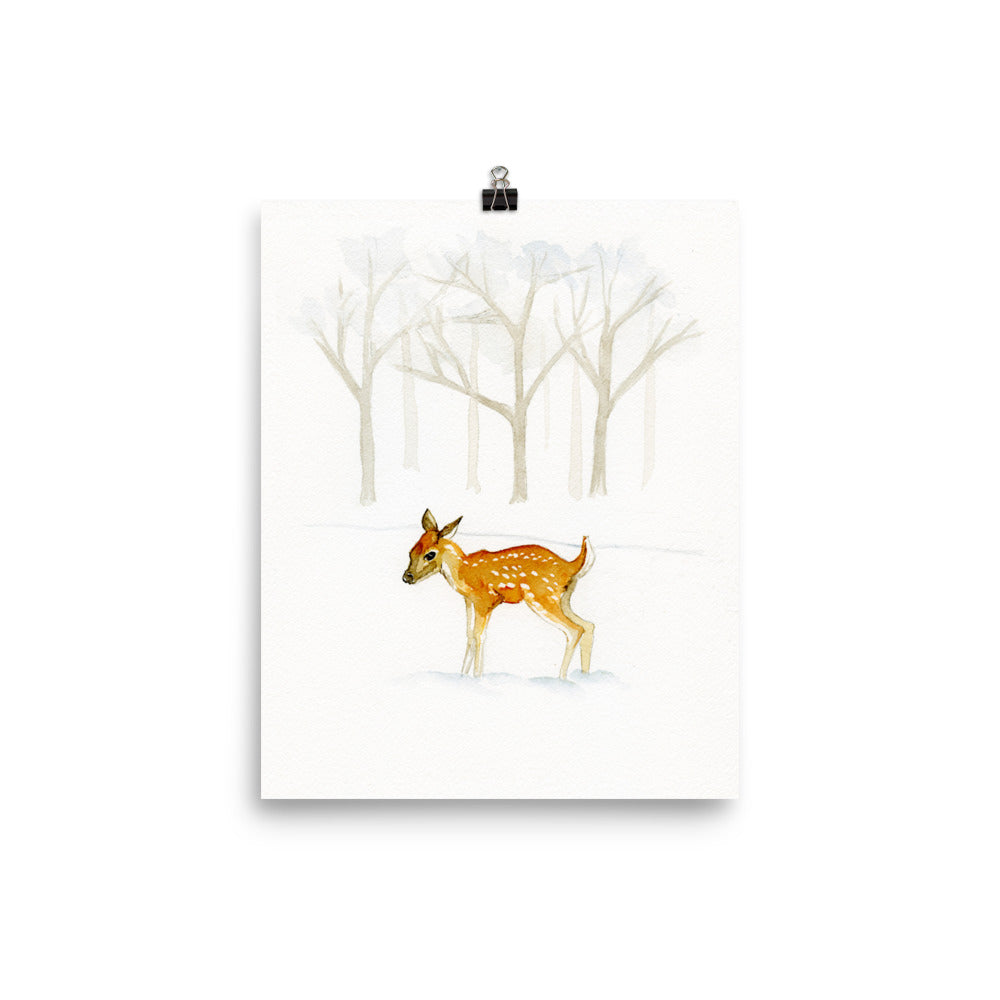 Deer in Snowy Woods Wall Art Print - Flamingo Shores - Original Art for Home Decor and Gifts