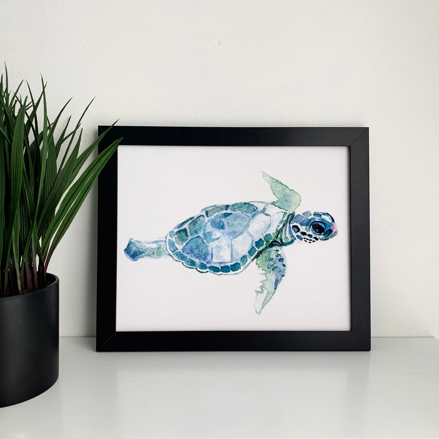 Baby turtle watercolor print in frame for gifts, home or office